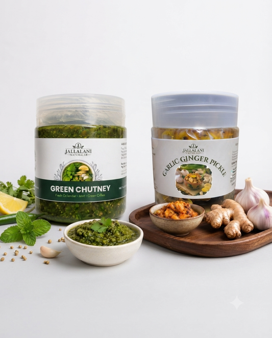 2-Jar Combo – Garlic Ginger Pickle & Green Chutney (500g each)