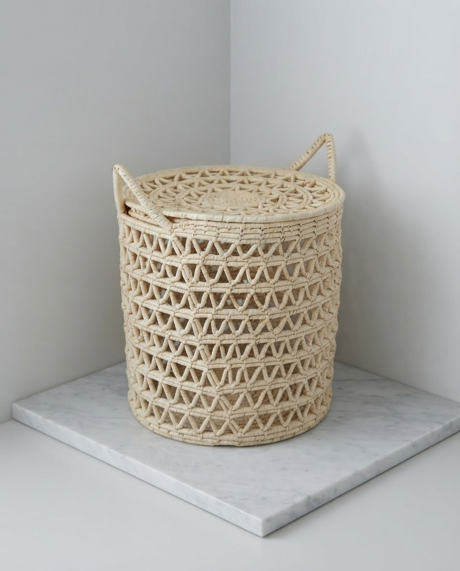 Handwoven Date Leaf Laundry Basket with Lid – 16×18 inches