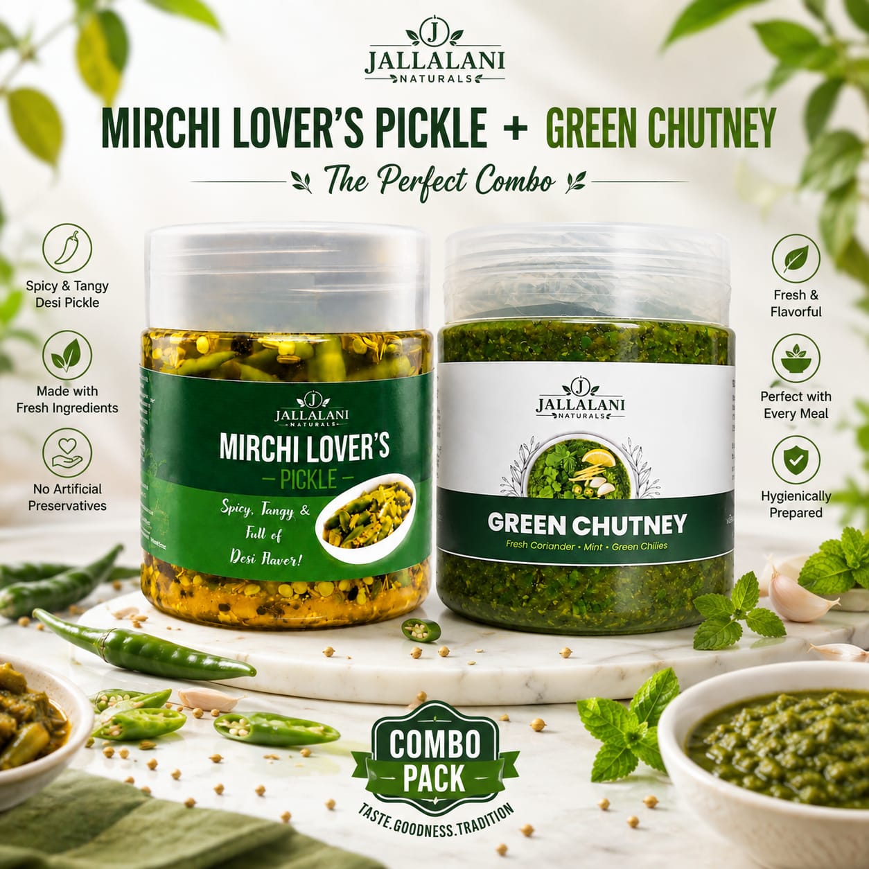 2-Jar Combo of Mirchi Lover's & Green Chutney (500g each)