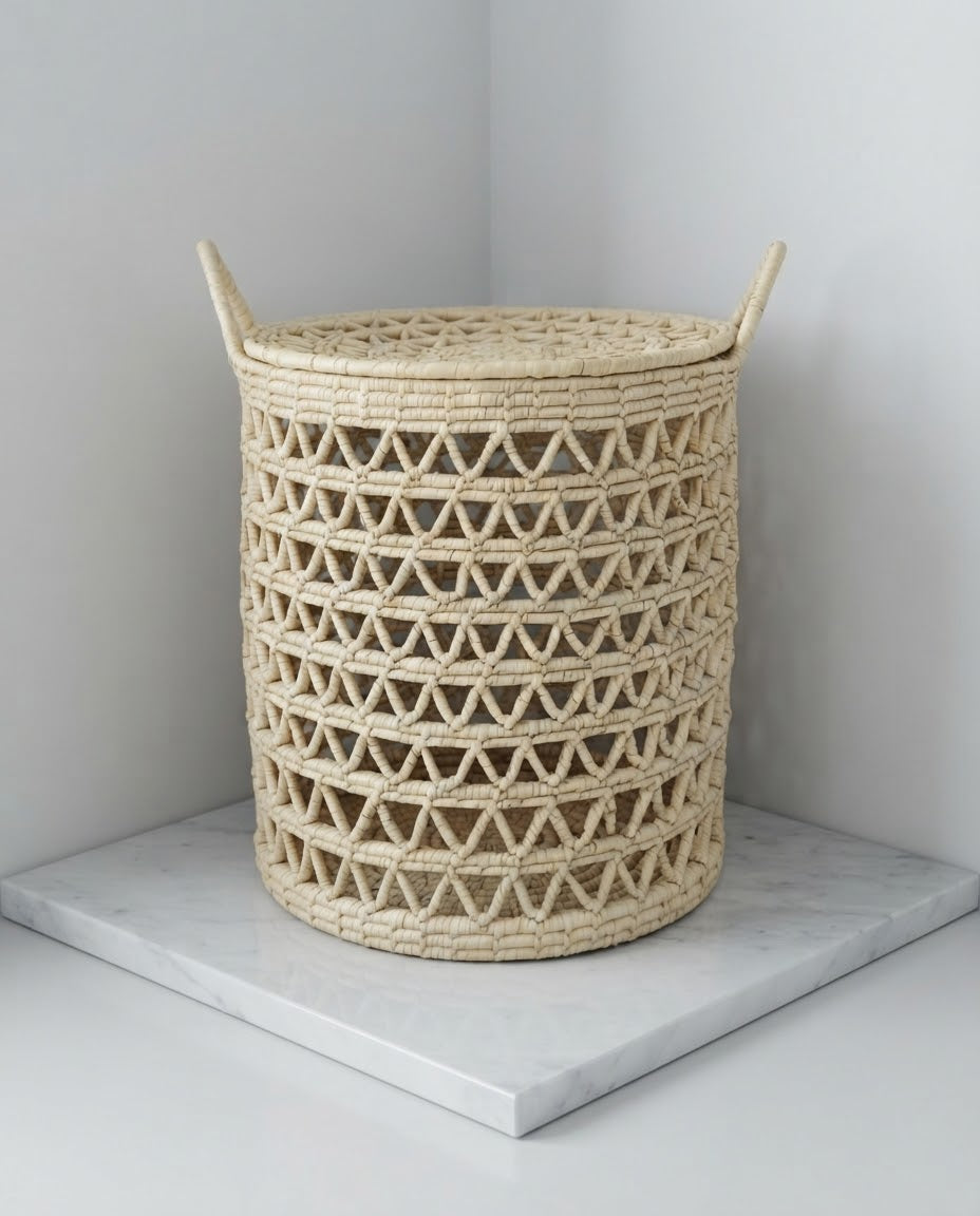 Handwoven Date Leaf Laundry Basket with Lid – 16×18 inches