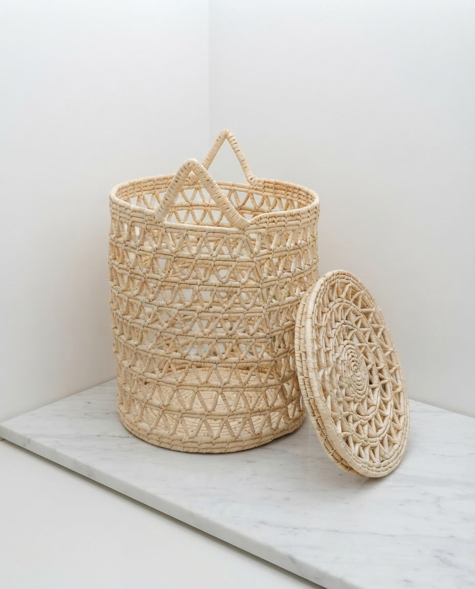 Handwoven Date Leaf Laundry Basket with Lid – 16×18 inches