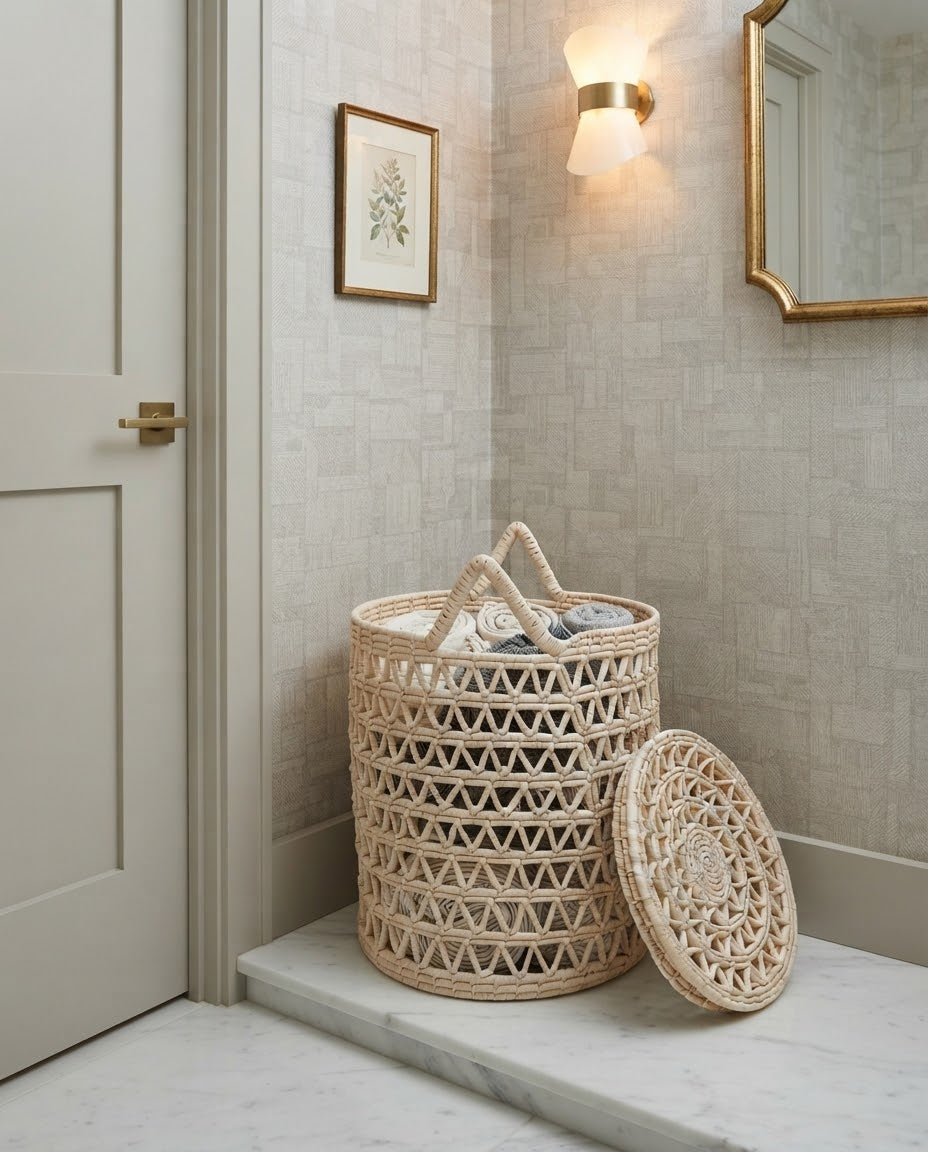 Handwoven Date Leaf Laundry Basket with Lid – 16×18 inches