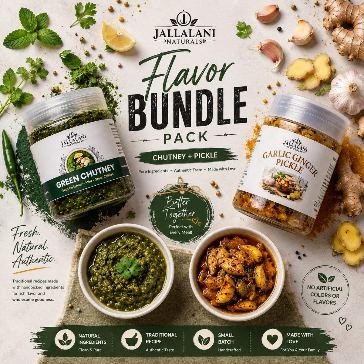 2-Jar Combo – Garlic Ginger Pickle & Green Chutney (500g each)
