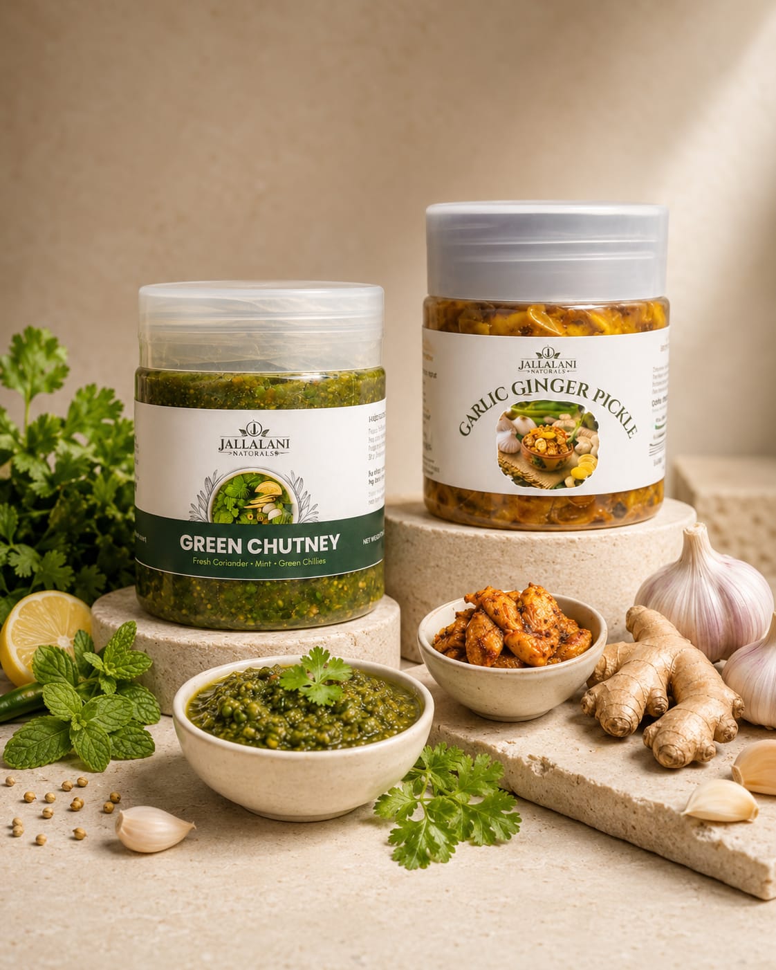 2-Jar Combo – Garlic Ginger Pickle & Green Chutney (500g each)