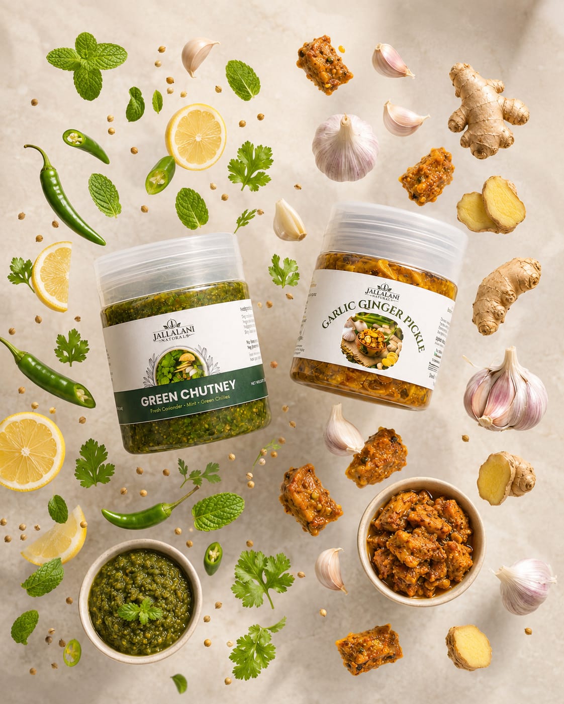2-Jar Combo – Garlic Ginger Pickle & Green Chutney (500g each)